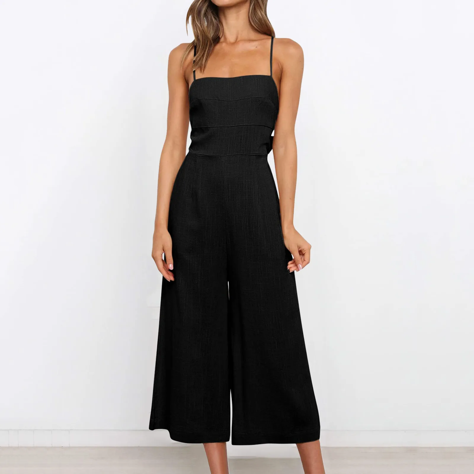 Summer 2024 Elegant Rompers Sexy Soild Backles Sling Top Jumpsuits Women Strap Wide Leg Playsuits Casual V-neck Overall Bodysuit smile