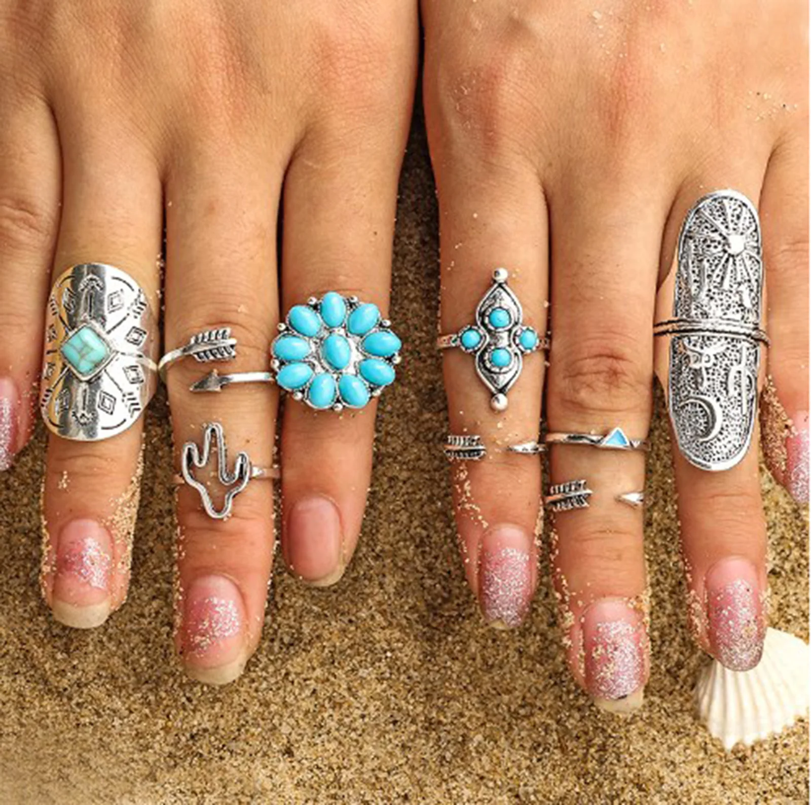 Stone Vintage Boho Blue Turquoise Rings For Women Wholesale Mix Styles Ethnic Finger Ring Set Jewelry Party Gifts smile