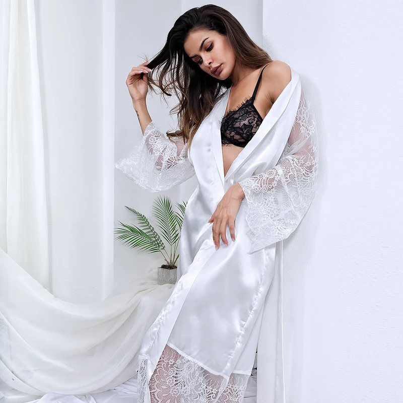 Wedding Dressing Gown Sexy Women Long Satin Bride Robes Lace Silk Kimono Bathrobe Bridesmaid Nightwear See Through Sleepwear smile