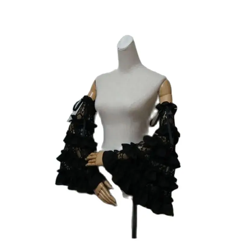 Lolita Big White Cosplay Sleeves Black Ruffled Lace Embroidery Big Flare Butterfly Sleeve Bowknot Prom Party Navy Blue Glove smile