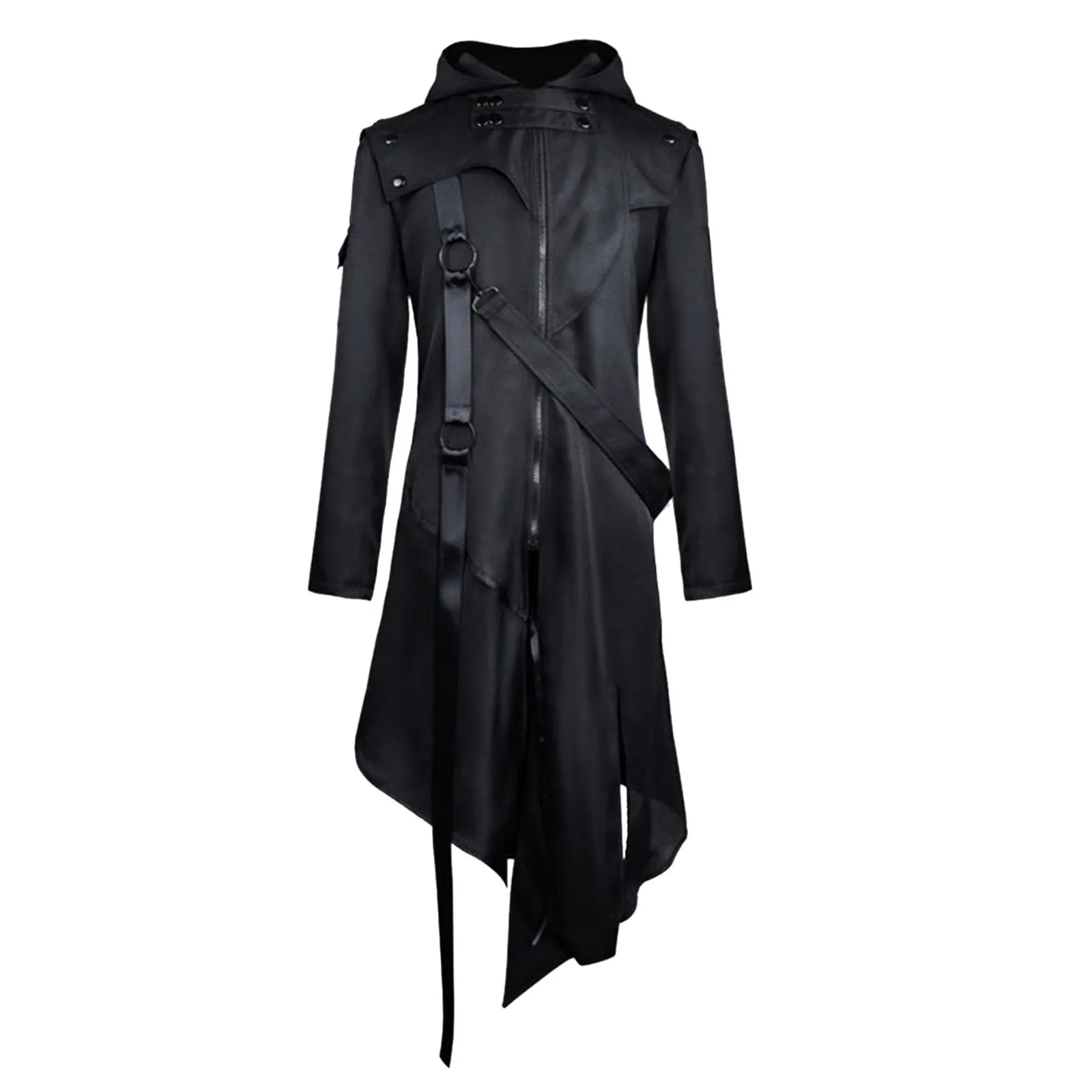 Male Vintage Gothic Coat Splice Zipper Belt Hooded Long new Sleeve 2025 Long Jacket Steampunk Trench Coat Gothic Jacket Cosplay Costume
