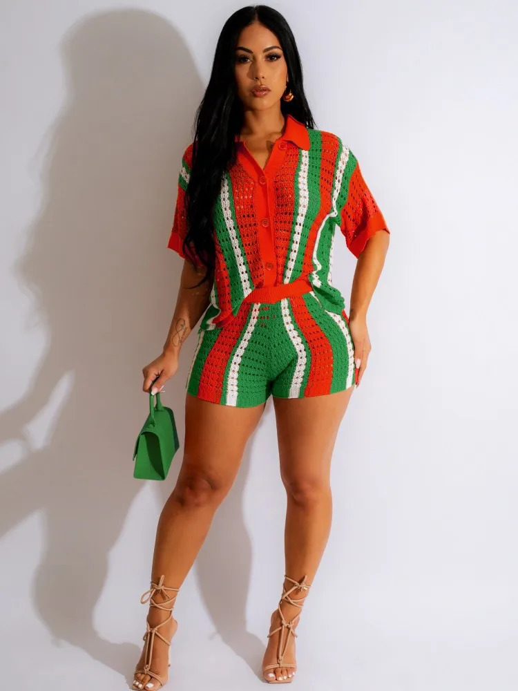 JRRY Sexy Women Knitted Set Two Pieces Sets Turn Down Collar Short Sleeves Top Pants Cover Ups Hollow Out Beach 240401
