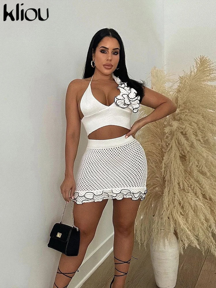 kliou Summer Women Mini Sexy Knitted Two Piece Set W23S36170 Girl Halter TanksHollow Out Hip Skirt Outfit Beach Club Attire 240401