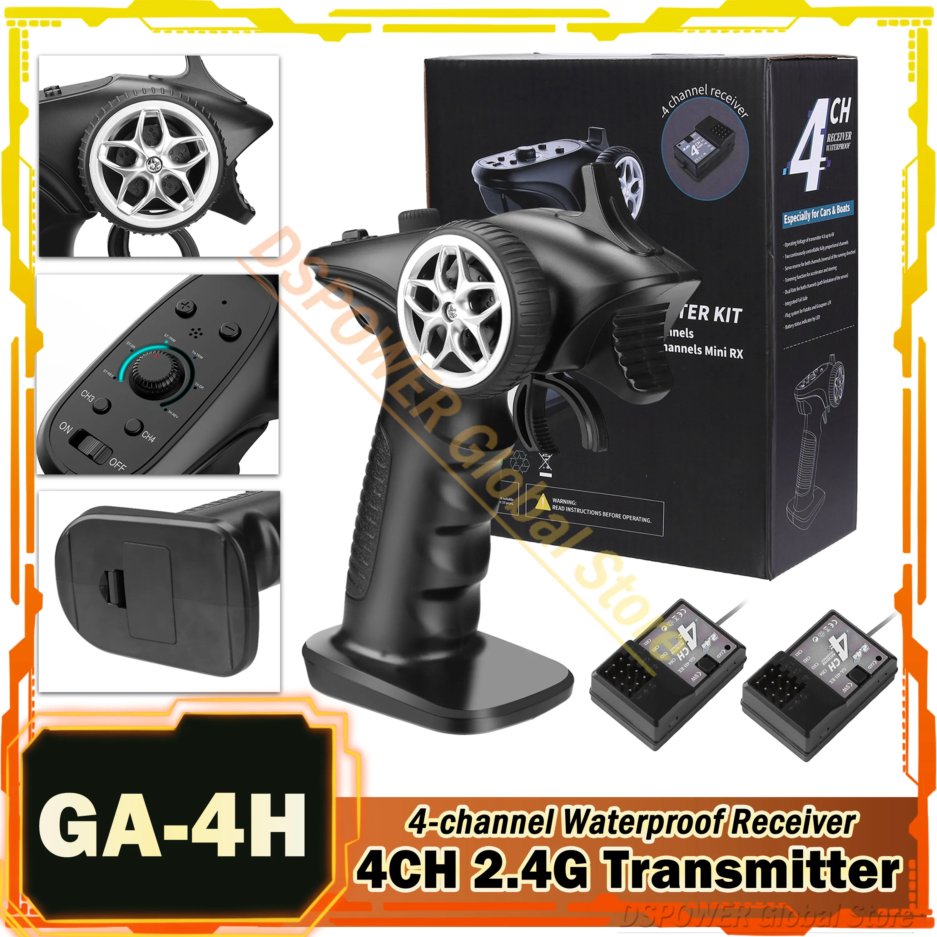 4CH 2.4G Transmitter GA-4H Remote Controller with 4-channel Waterproof Receiver Radio System for 1/10 1/8 RC Car Boat Model Part
