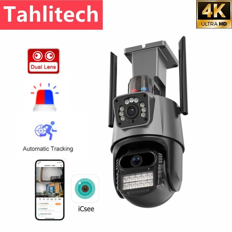 8MP 4K Wifi Camera Dual Lens Ai Auto Tracking Waterproof Security CCTV Video Surveillance Camera Police Light Alarm IP Camera