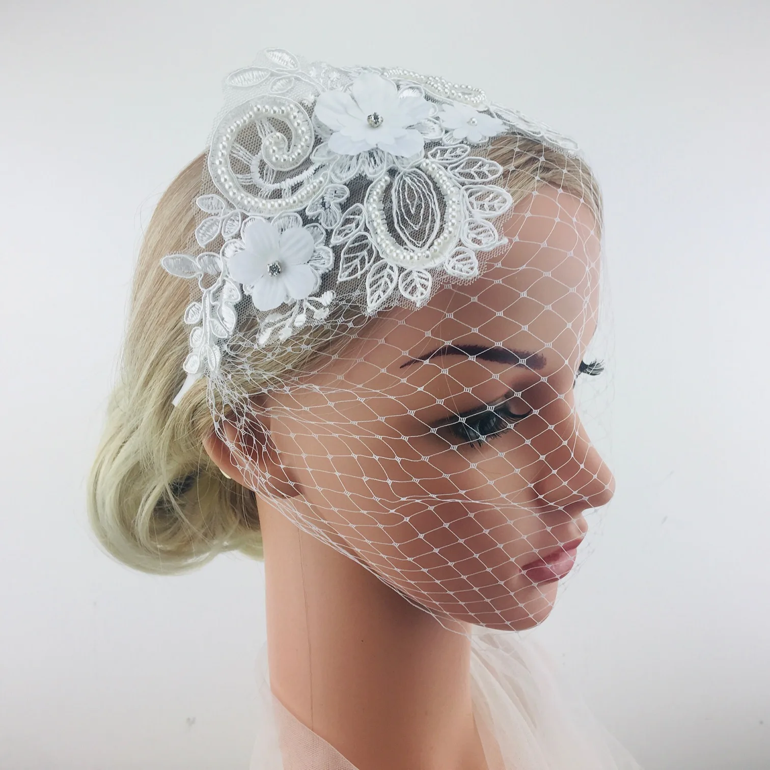 Face Drill White Applique Mask For Bride Headwear Net Birdcage Veils Elegant Pearl Flower Wedding ddmysmile Hair Accessories Hairband Smile