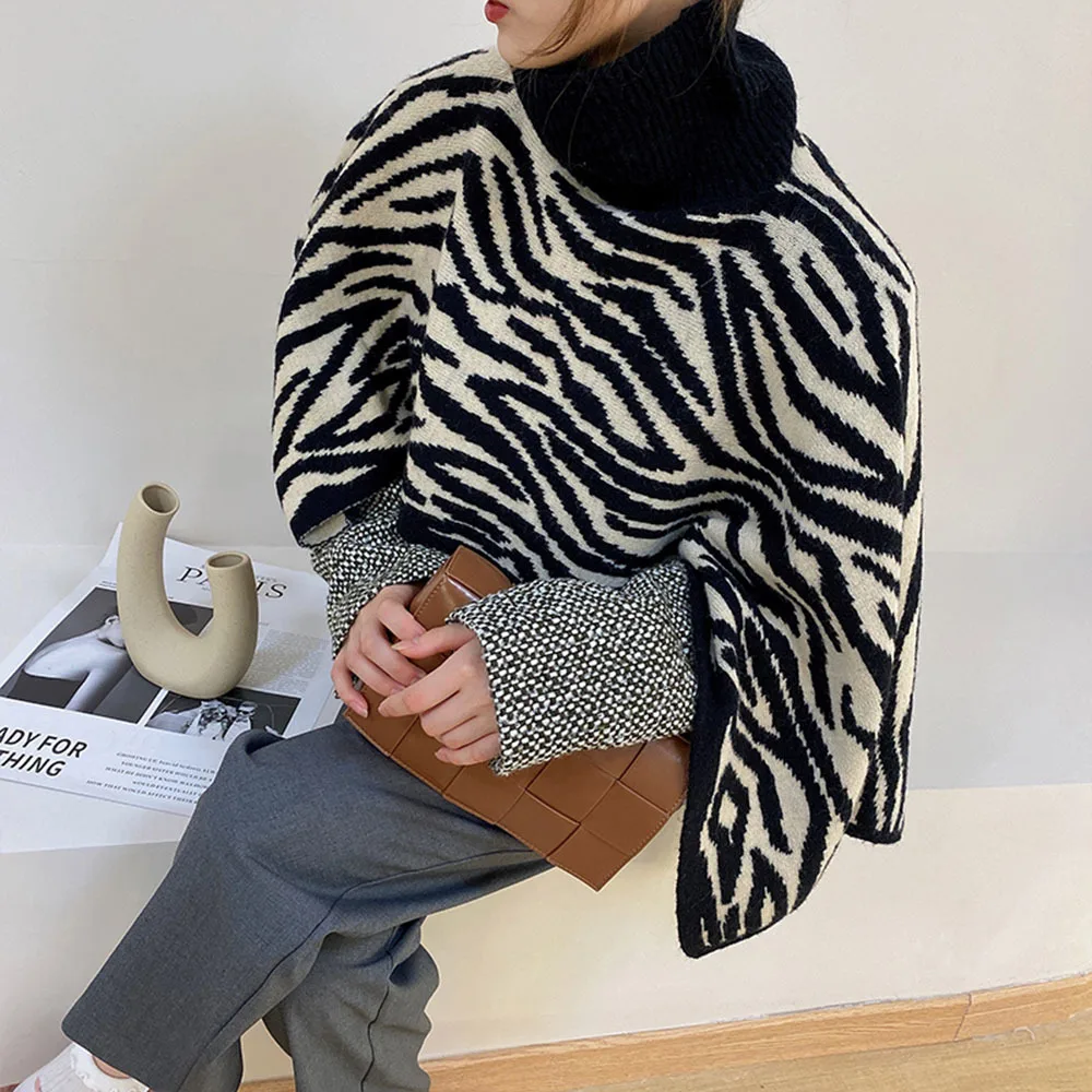 Turtleneck Autumn Winter Warm Knitted Poncho Pullover Split ddmysmile Irregular Shawl Sweater Cape Ladies Elegant Knitwear Bat Sleeve Tops Smile