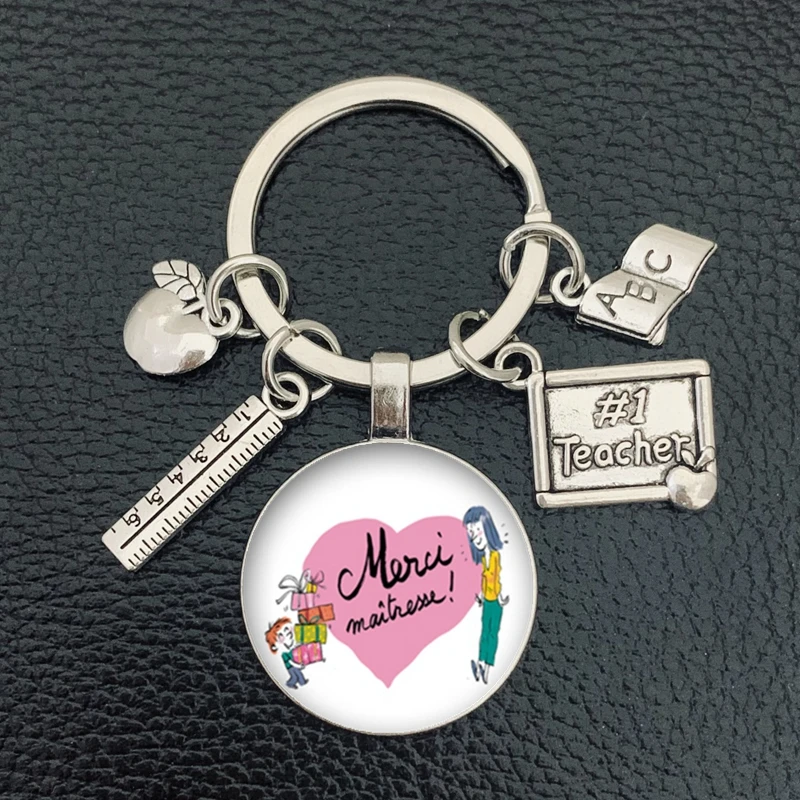 New teachers day gift keychain jewelry thank you teacher cute pattern pendant glass round charm bag keychain souvenir