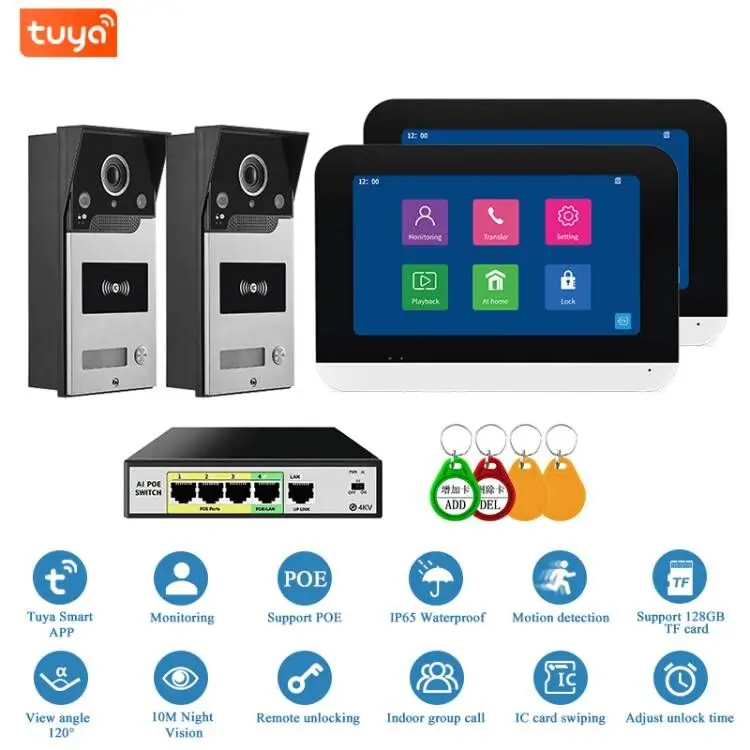 SmartYIBA 7 Inch HD IP Video Doorbell WIFI Monitor With POE Switch Tuya Visual Interphone APP/RFID Unlock WIFI Video Door Phone