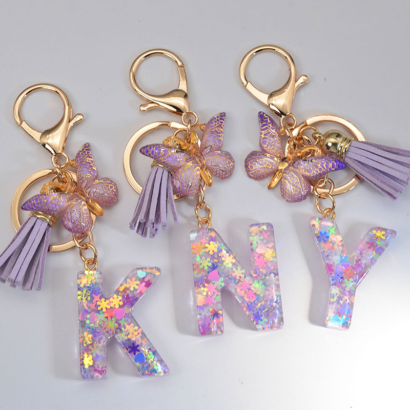 fa ba Letter Butterfly Sequin A Z Shiny Keychain Resin Couple Initial Purple Stars Filled Pendant Keyrings Bag Car Key Charm Ornament