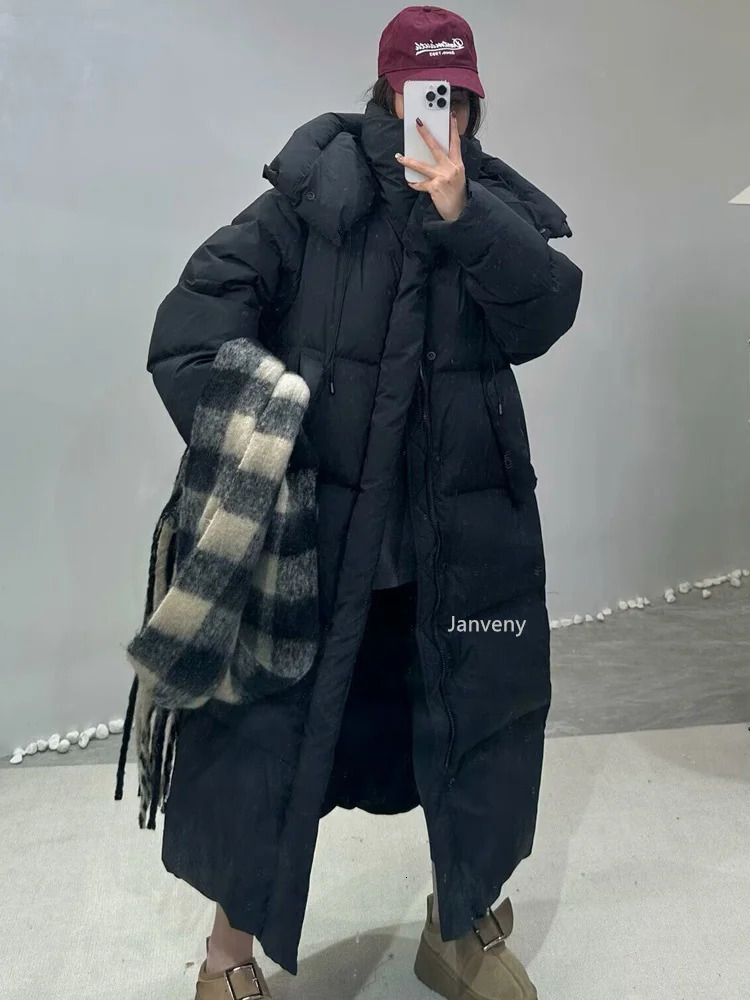 Janveny womens down jacket Korean loose hooded thick warm long duck down jacket winter inflatable jacket suitable for womens park jacket 241108
