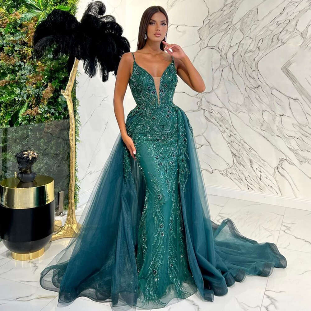 Skirt Customizedgreen Detachable Sexy Spaghetti Straps Mermaid Elegant Beaded Evening Dresses Gowns Party La71363