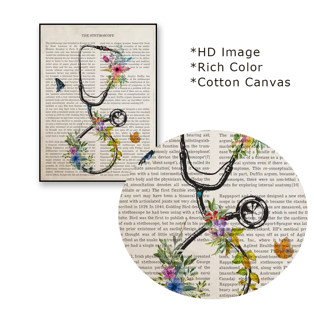 Poster with Modern Stethoscope Flowers Print Medical Wall Picture Canvas Painting Nurse Doctor Gift Hospital Clinic Office Decor smile