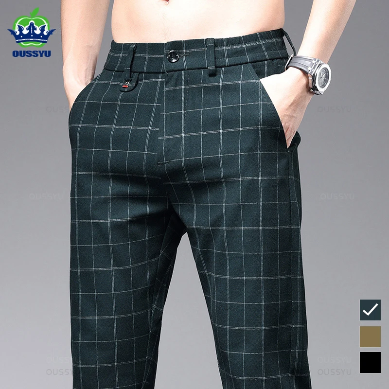 High-Quality Summer Spring Classics Plaid Work Stretch Pants Men Business Fashion Grey Green Party Retro Casual Trousers Male smile