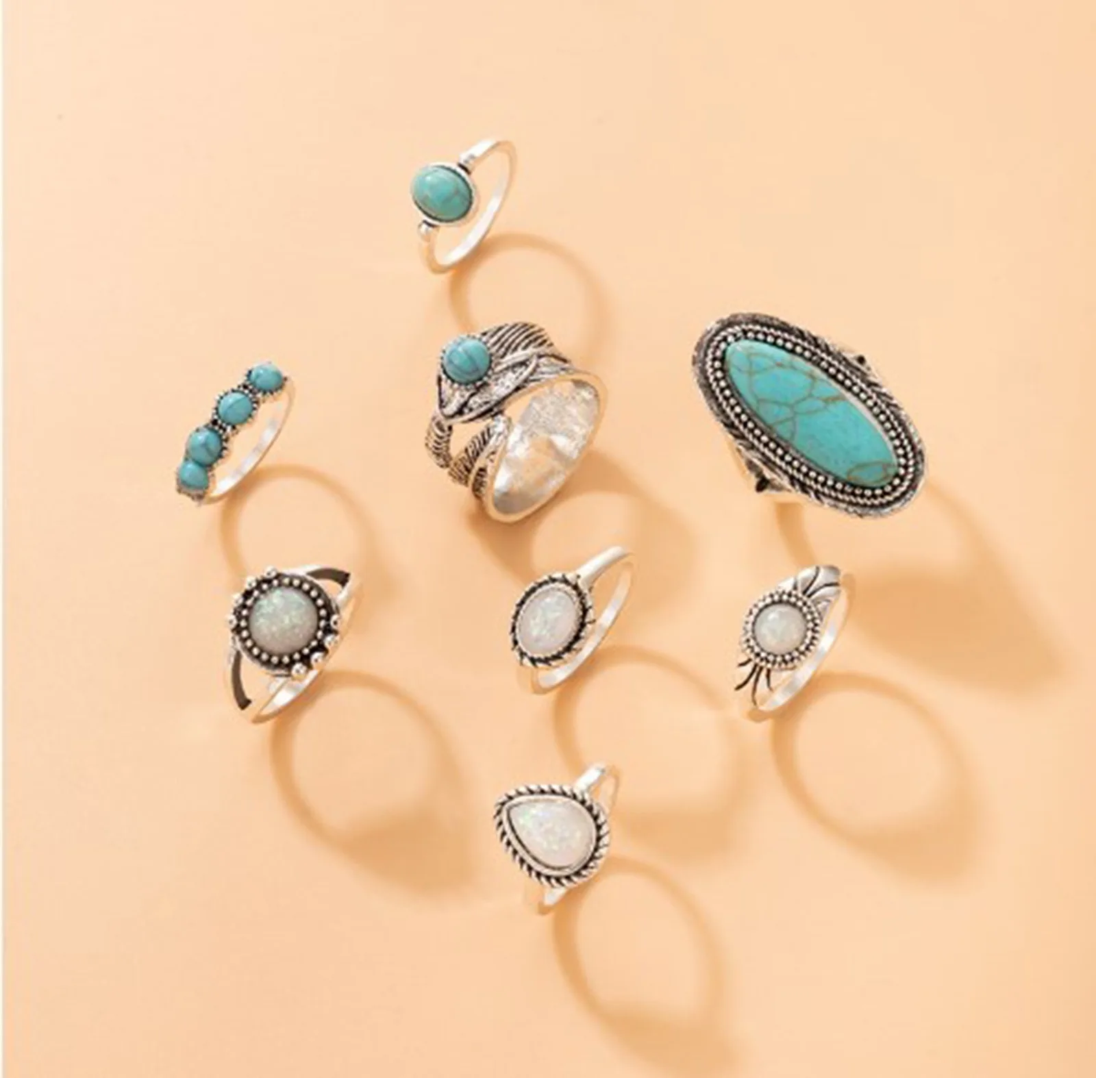 Stone Vintage Boho Blue Turquoise Rings For Women Wholesale Mix Styles Ethnic Finger Ring Set Jewelry Party Gifts smile