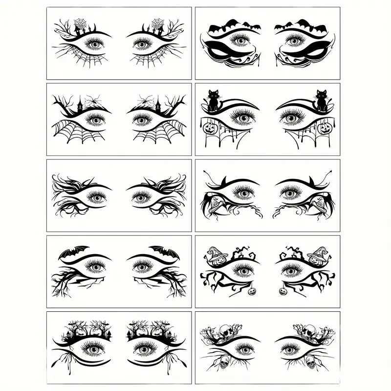 10 Halloween Removable Temporary Eye Tattoo Stickers Suitable for Realistic Tattoos Waterproof and Sweatproof Halloween Makeup W241109