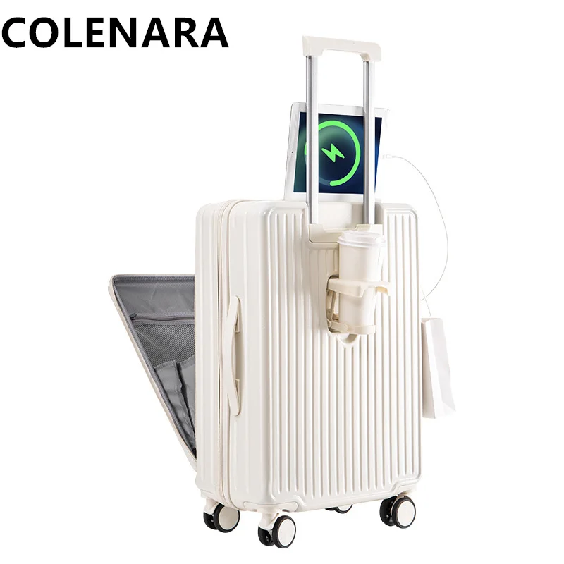COLENARA 20"22Inch Cabin Suitcase Front Opening USB Charging PC Boarding Case 24"26"28 Inch with Cup Holder Trolley Case Luggage