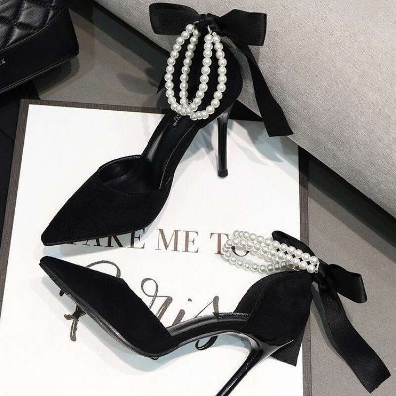 Black Women's Pumps 2025 Summer New Brand Design String Bead Pearls Wedding Bridal High Heels Sexy Pointed Toe Party Dance Shoes