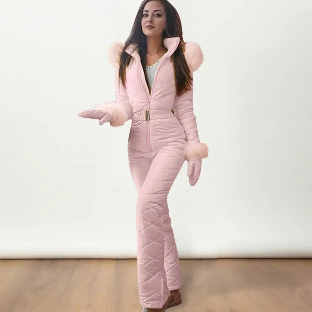 Winter womens jumpsuit with gloves thick elastic waist pad hooded snow jacket waterproof zipper outdoor skiing suit 241106