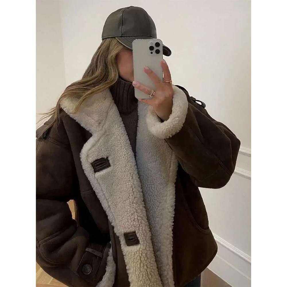 Women Lamb Wool Single Breasted Suede Jacket Elegant Long Sleeves Lapel Thicken Cropped Coat Fashion Ladies Commute Outerwear