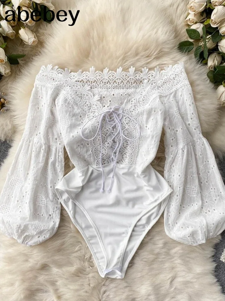 Hollow Women Rompers Design Puff Sleeve Slash Neck Sexy Slim Jumpsuits Autumn Korean Off Shoulder Short Bodysuit New smile