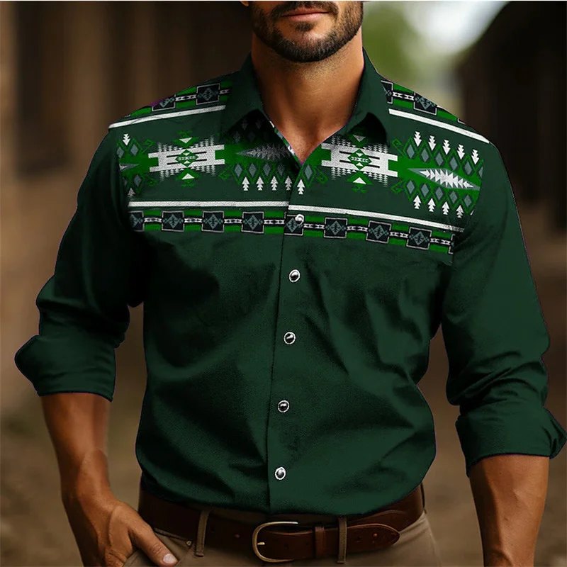 Men's Western Style New Long Sleeve Blouse Men Slim Shirt Social Wear Ethnic Retro Tribal Clothing Male Camisas ddmysmile Casuais Dress Smile