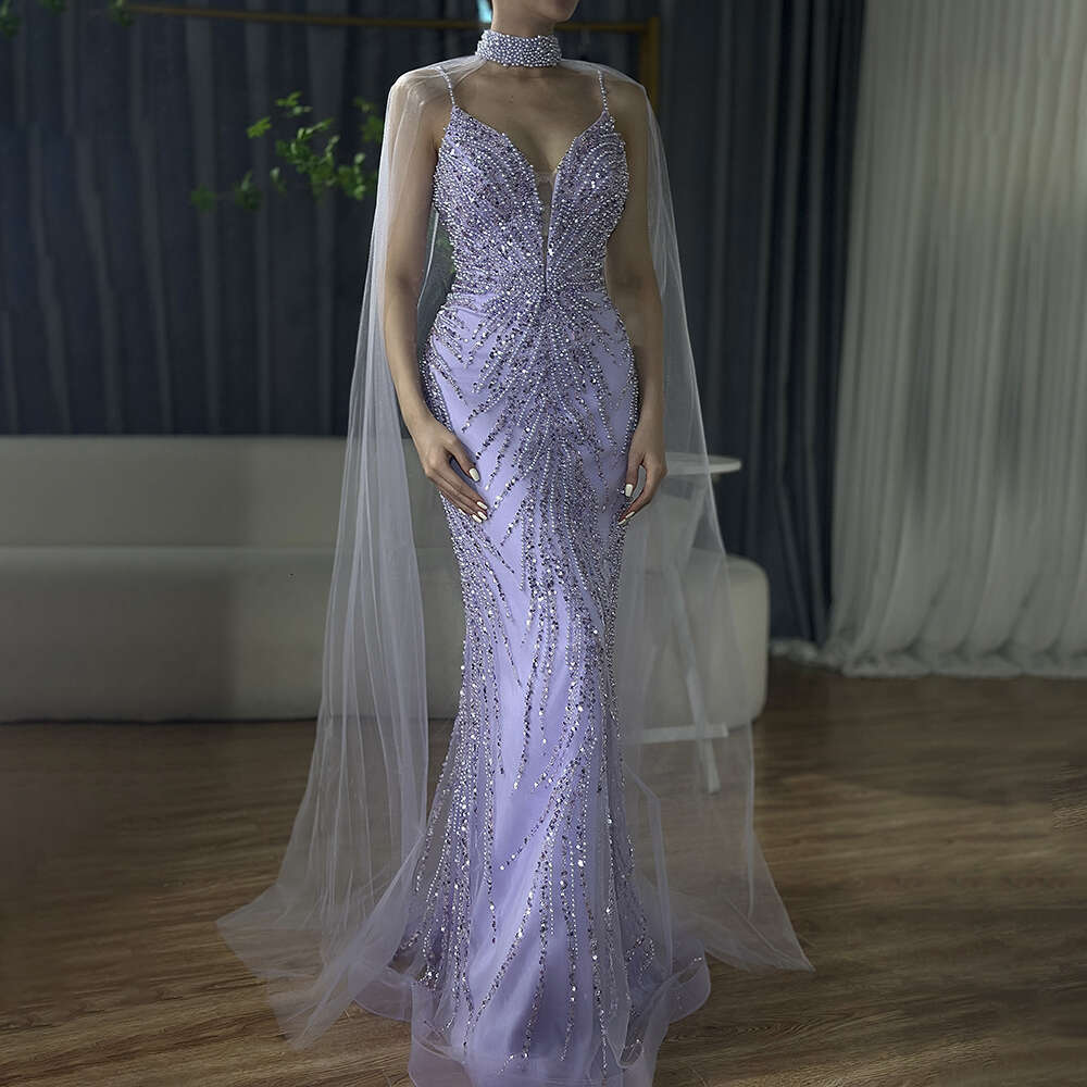 Beaded Shiny Long Mermaid Evening Dress with Spaghetti Straps - Caramel