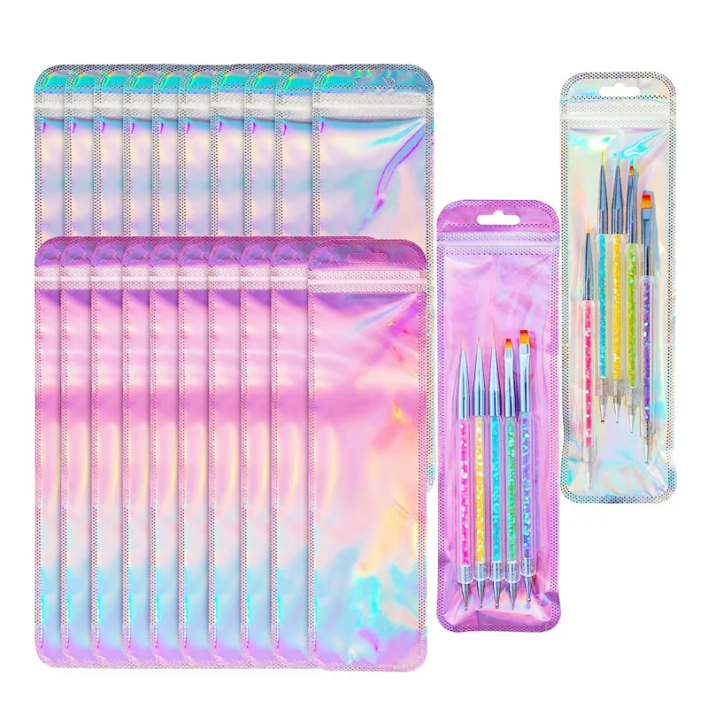 Zipper 200Pcs Mix Rainbow Pouch Long Holographic Plastic Resealable Mylar Pouch Gift Pen Packaging Bags Jewelry Necklace Baggies smile