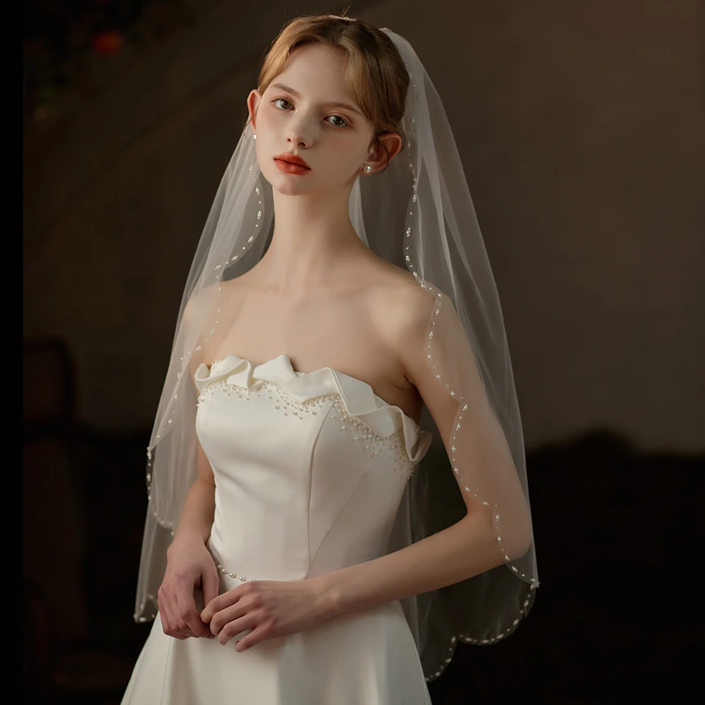 Bridal V737 Exquisite Wedding Veil One-Layer Handmade Beading Edge White Brides Veil Women Marriage Accessories smile