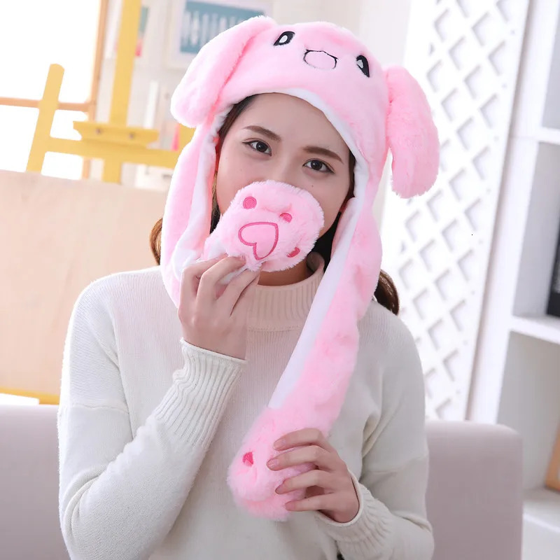Girls Plush Moving Rabbit Ears Hat Cartoon Stich Funny Cap Kids Party Unicorn Airbag Anime Hats Women Move Jumping Ear Hats 240403