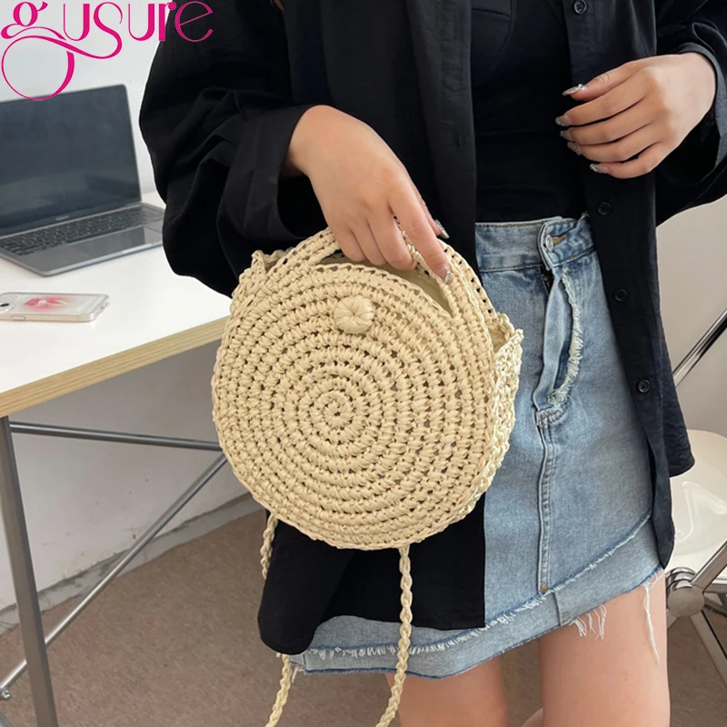 Straw Bags Summer Gusure For Women Handmade Woven Beach Bag Raffia Small Purse and Handbags Ladies Travel Shoulder Crossbody Bag smile
