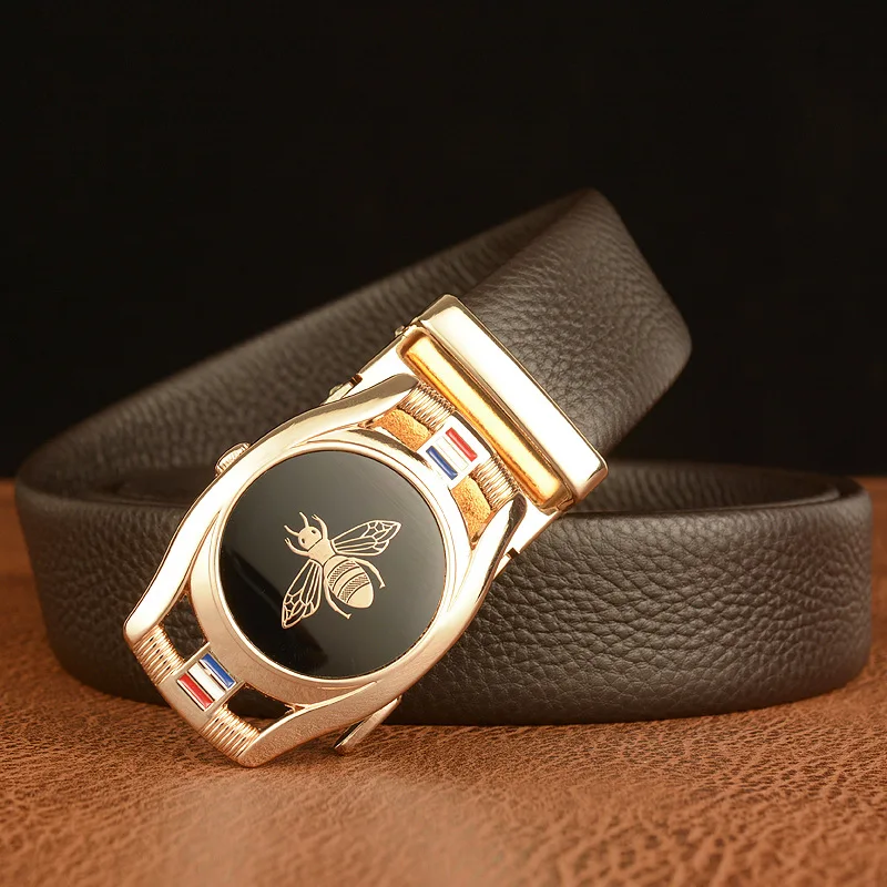 Buckle Brand Men Automatic Belt Genuine Leather Bee Pattern Male Belts Casual 3.5cm Width High Quality Cowhide Waistband smile