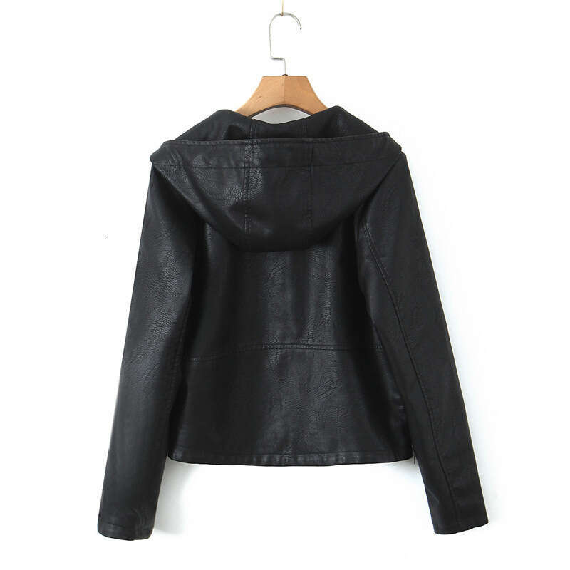 shanshi leather jacket women Hooded loose jacket spring and autumn coat women's PU washed leather motorcycle top