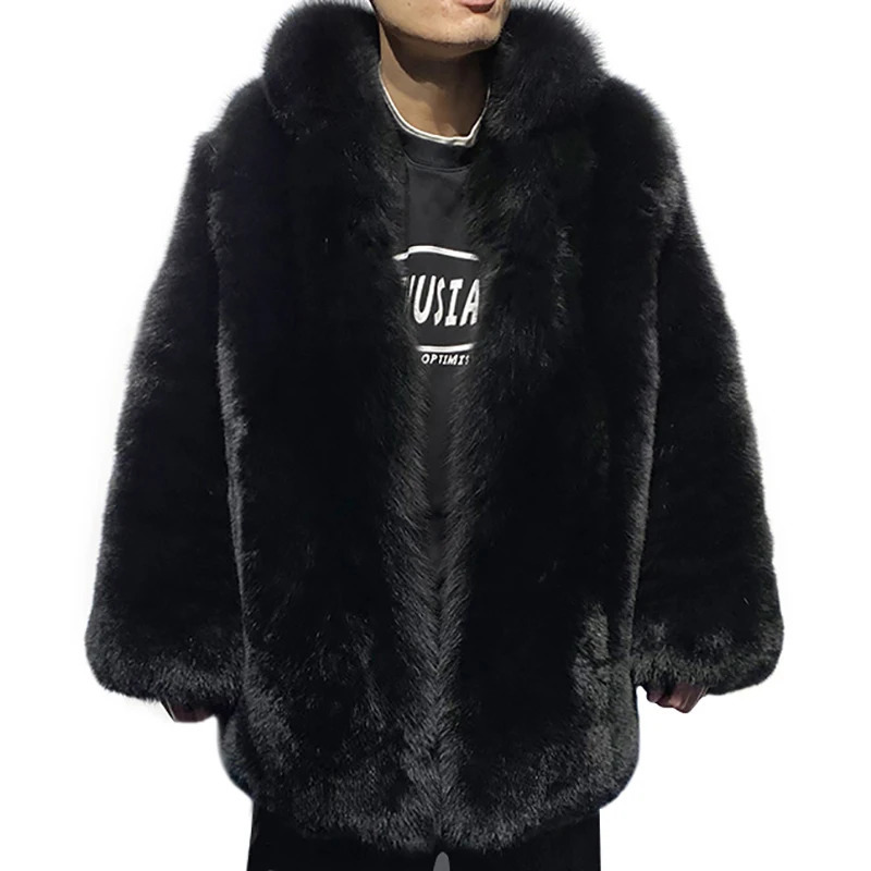 YOLOAgain Full Pelt Stand up Black Fox Fur Jakcet Mens Winter Warm Coat 241108