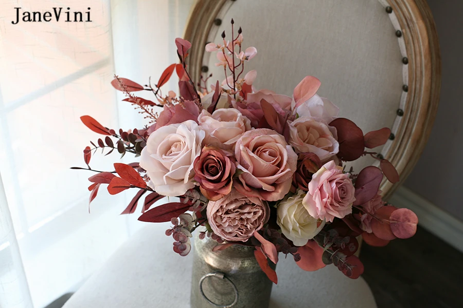Pink Bride Vintage Janevini Flower For Wedding ddmysmile European Bridal Bouquets Handmade Silk Roses Eucalyptus Fake Bouquet Accessories Smile