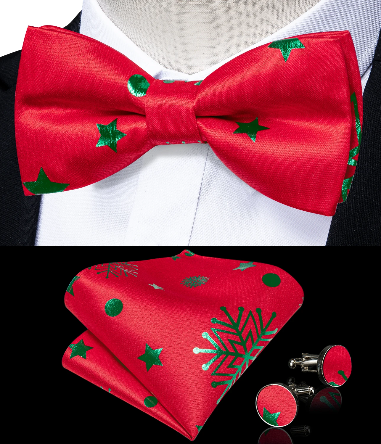 Red ddmysmile Green Snowflake New Ball Christmas Silk Men Waistcoat Tie Handkerchief Cufflinks Set Family Party Men Clothing Smile