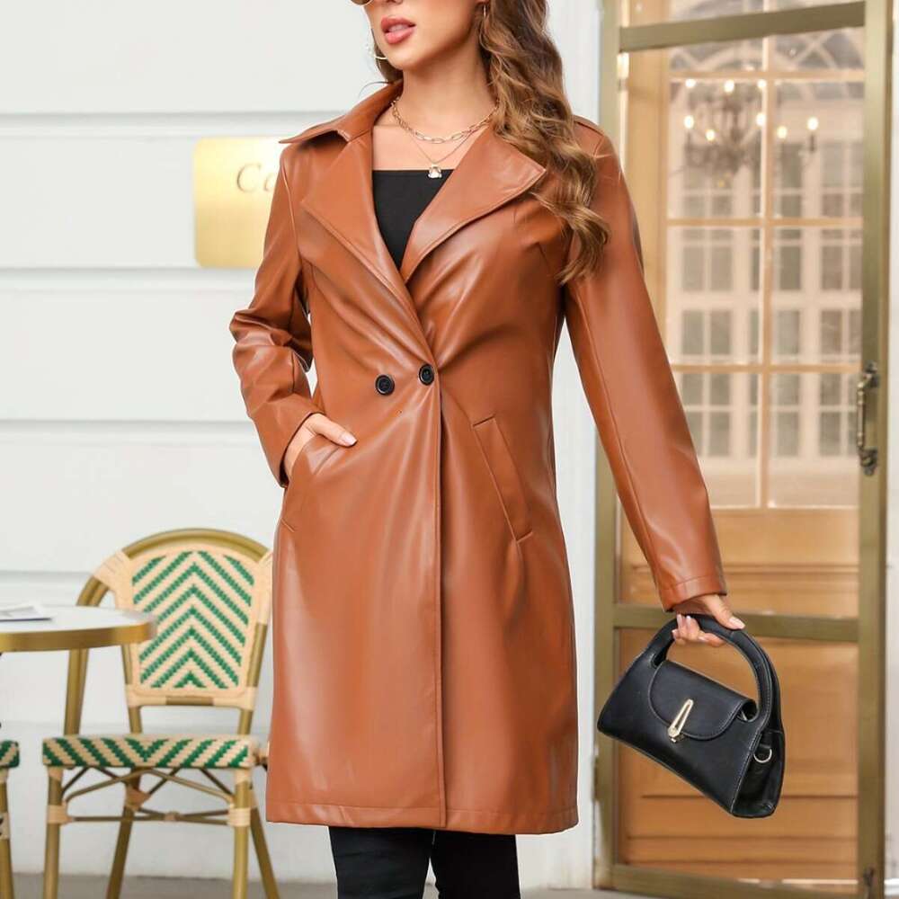 shanshi leather jacket women fashionable and versatile long jacket PU leather coat