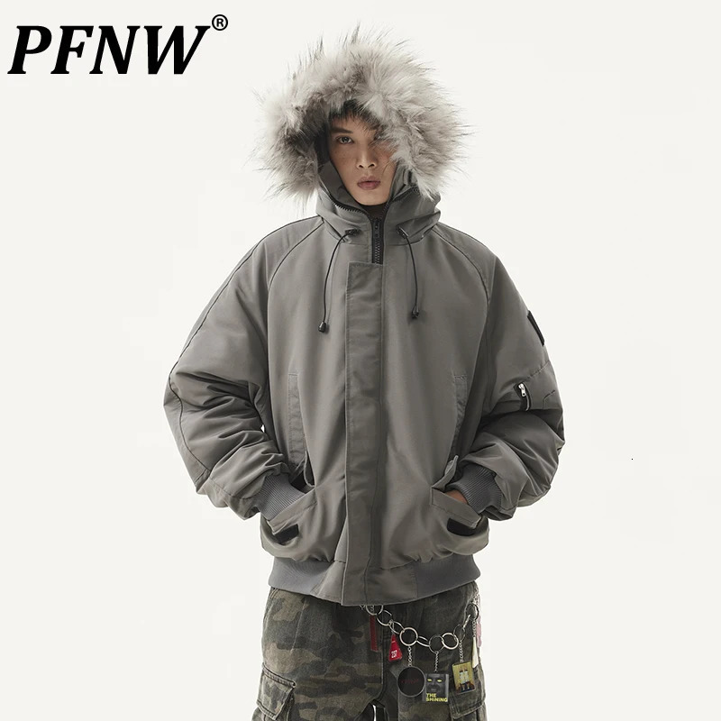 PFNW mens fur collar gray Parkas coat fashionable cotton padded coat Cleanfit loose fit thick warm winter coat 28W5475 241108