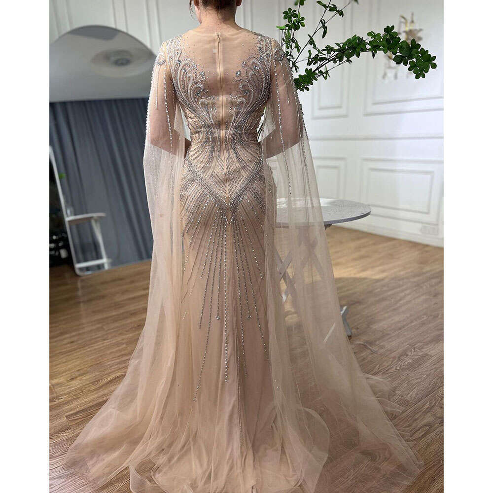 Mermaid Customizedarabic Nude Cape Sleeves Elegant Beaded Evening Dresses Gowns For Women Party
