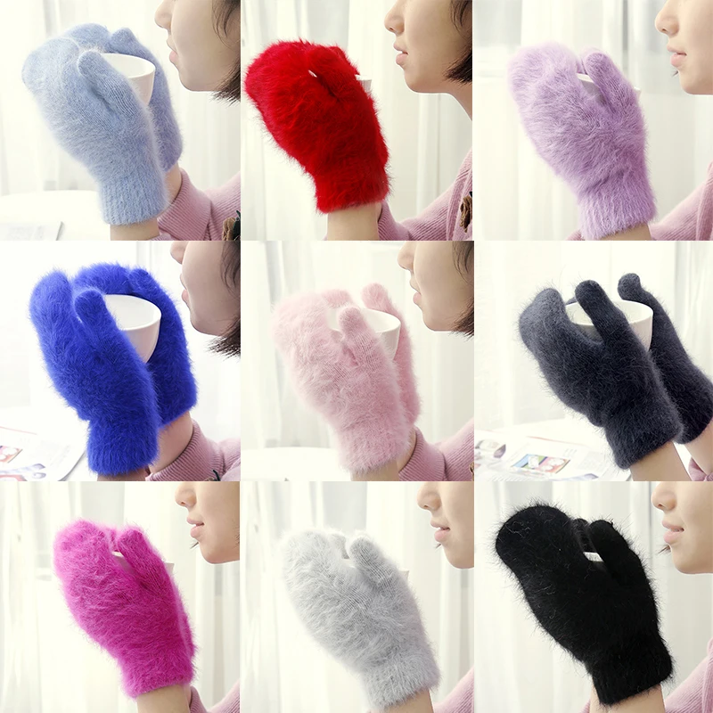 Gloves Warm 2023New ddmysmile Winter Ladies Rabbit Wool Mittens Ladies Autumn Color Cute Soft Thickened Cute Girls Gloves Smile