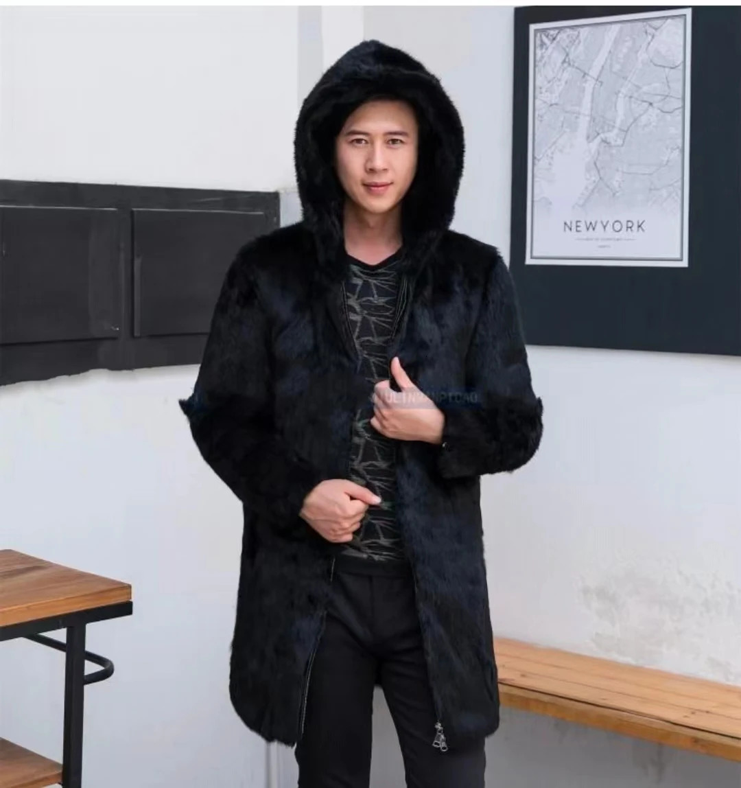 Mens True Rabbit Fur Coat Full Leather Medium to Long Fur Coat Mens Hooded Coat Loose Coat Exterior W250 241108