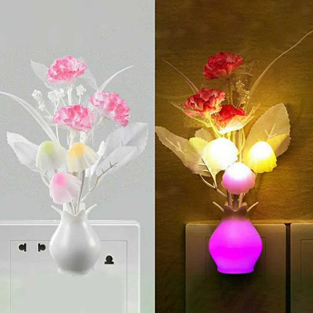 Night Light LED 1Pc With Sensor Plug-in Auto Switch Rose Flower Luminous Vase Night Light Wall Light for Bedroom Living Room smile