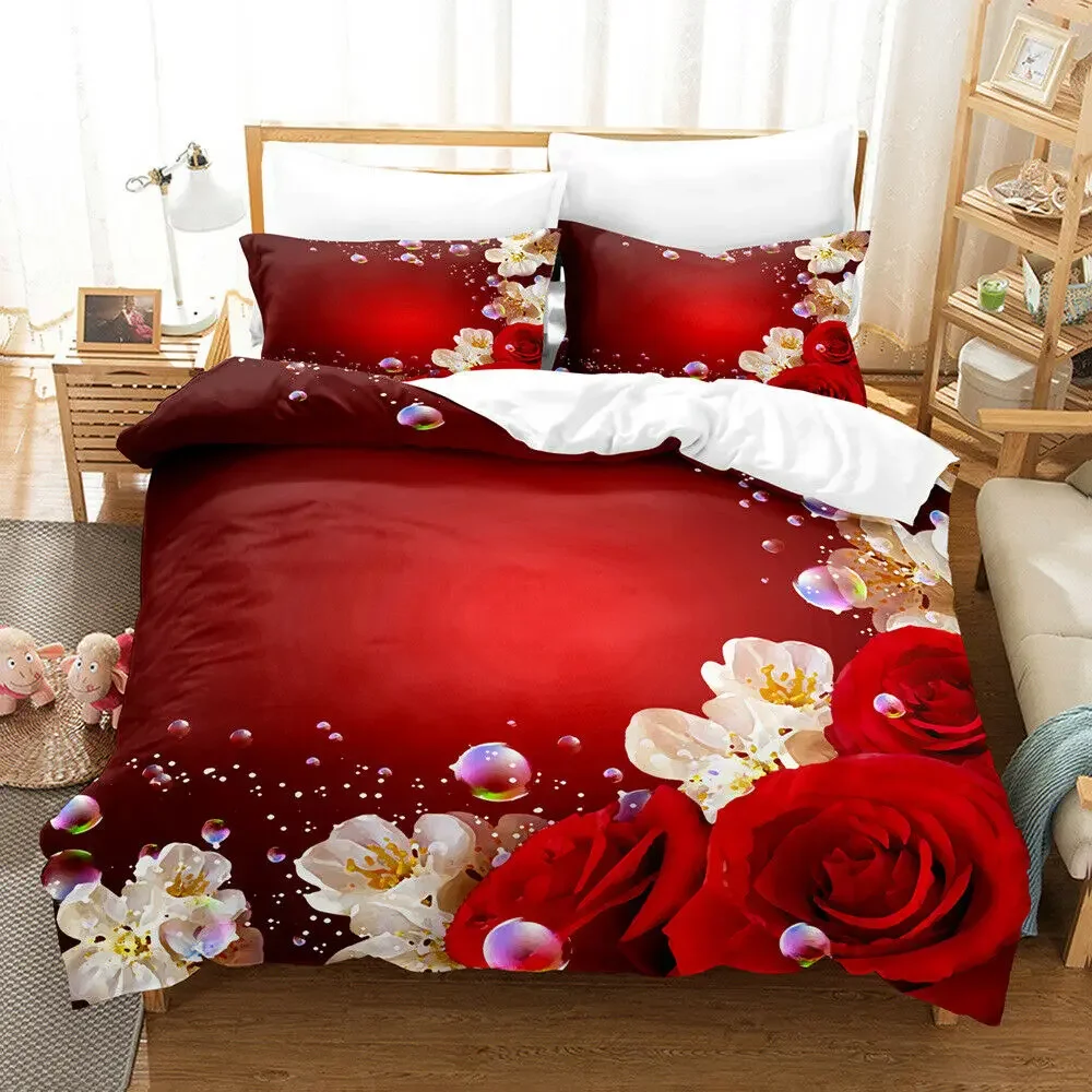 Duvet Cover Rose Red Set Flower 3D Passionate Rose Romantic Bedding Set for Woman Double Queen King Size Polyester Quilt Cover smile
