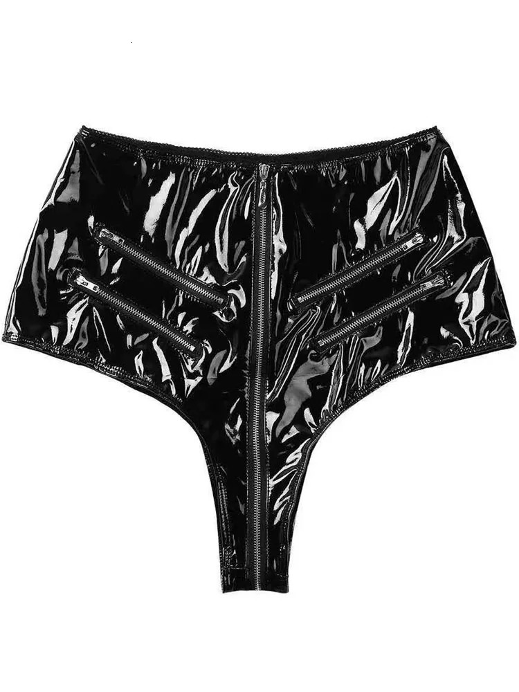 S4XL High Waist PVC Shorts Women Shiny PU Leather Zipper Open Crotch Short Jeans Tights Cut Trunks Micro Mini Bermudas 240409