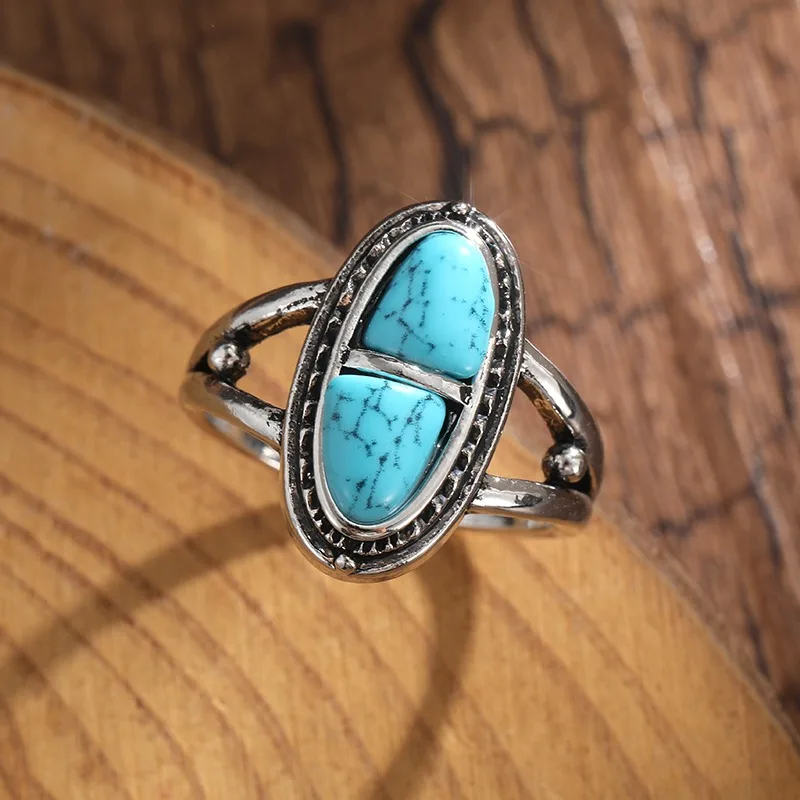 Ethnic Geometric Bohemian Style Natural Turquoise Ring for Women New Personalized Design Rings Vintage Jewelry Accessories Gifts smile