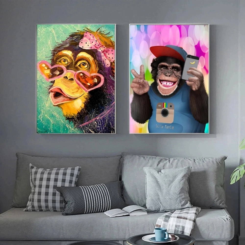 Gorilla Graffiti Art Funny ddmysmile Monkey With Headphones Poster Animal Canvas Painting For Living Room Bedroom Wall Art Decor No Frame Smile