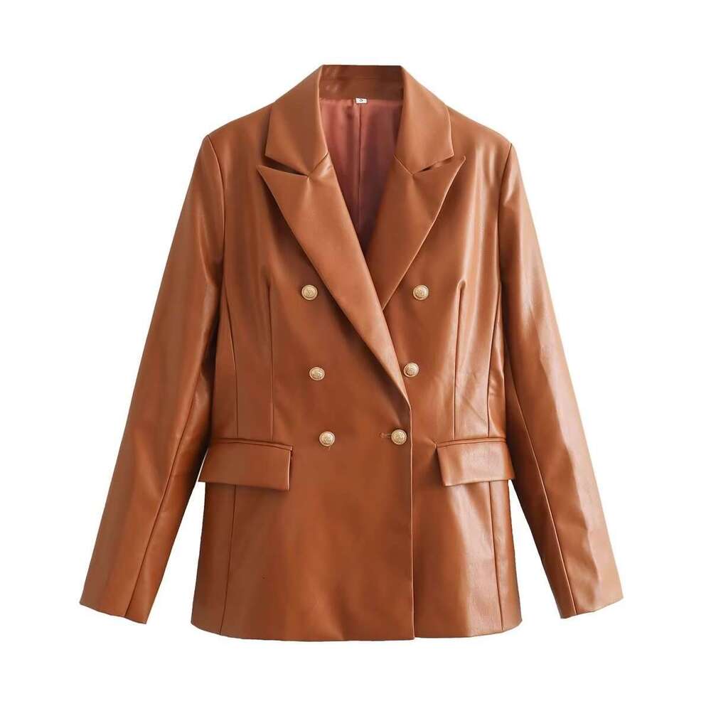 shanshi leather jacket women Autumn new women's versatile metal double breasted pocket long sleeved PU leather slim fit suit jacket