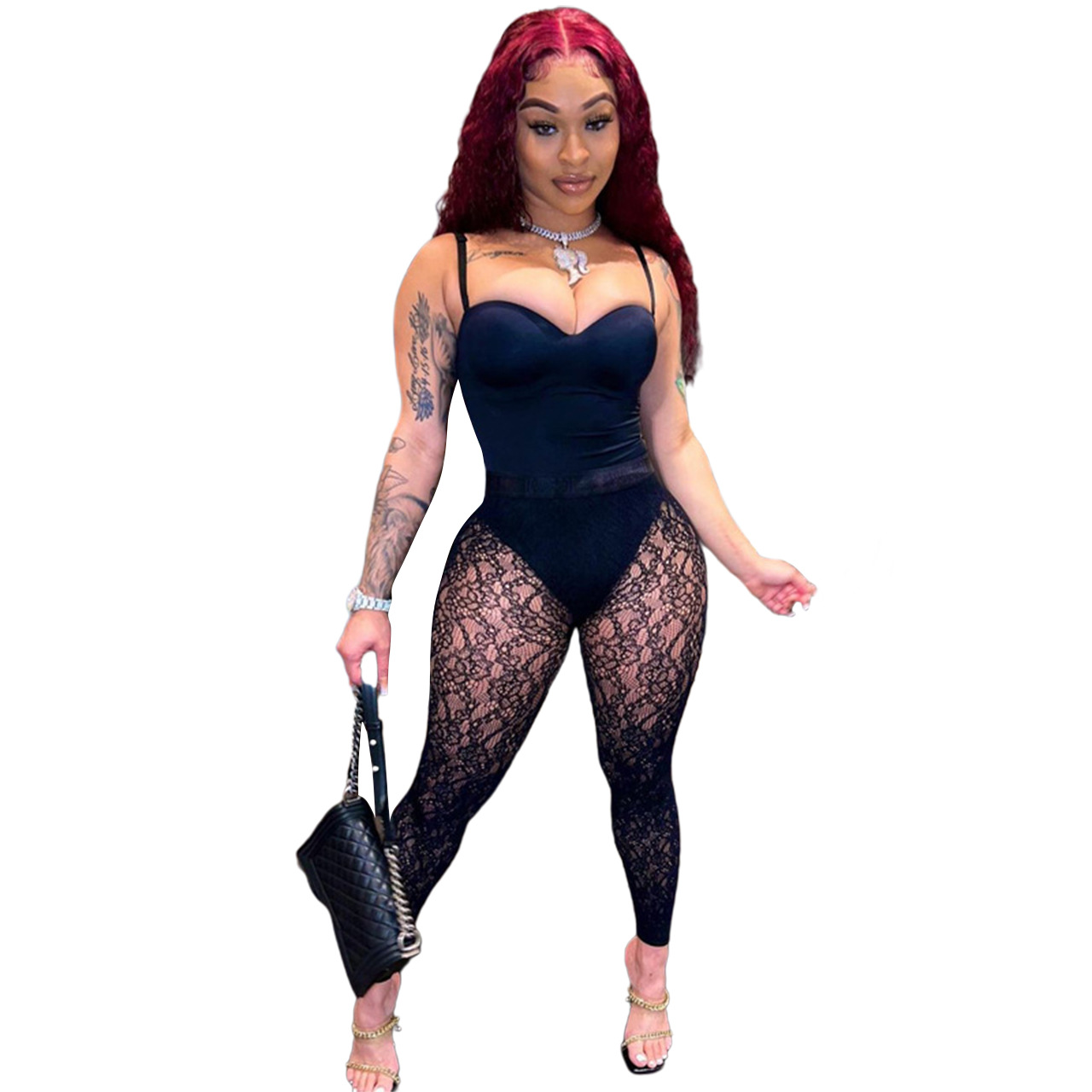 womens designer clothing Sexy Sleeveless Bodysuits See Through Lace Leggings two piece set women Summer Sheer Outfits Night Club Wear designer tracksu