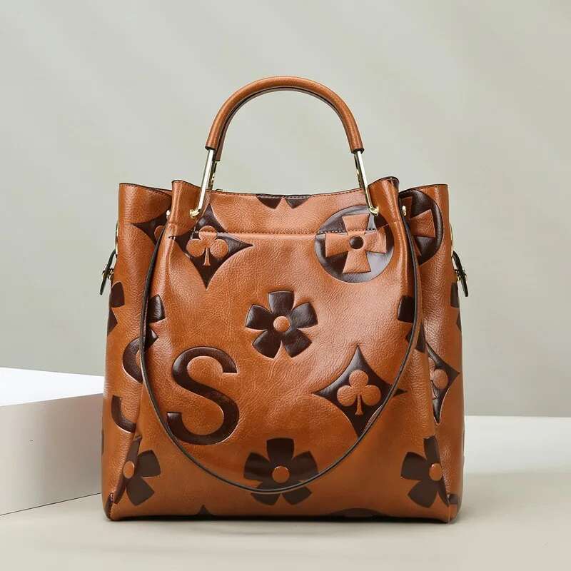 New Fashion PU Leather Textured Emed Pattern Bucket Bags Designer Large Capacity Women's Handbag Shoulder Bag