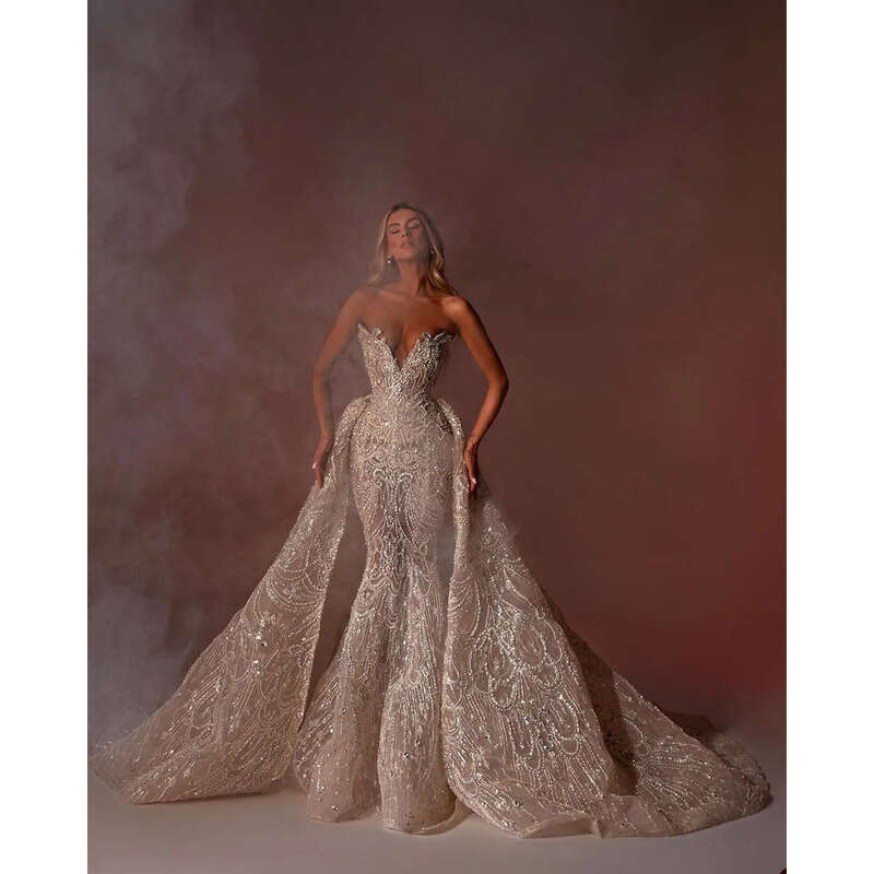 Crystal Mermaid Gorgeous Wedding Dresses Detachable Train Illusion Beaded Sequins Bridal Gowns Slim Strapless Custom Made Vestidos De Novia 0218